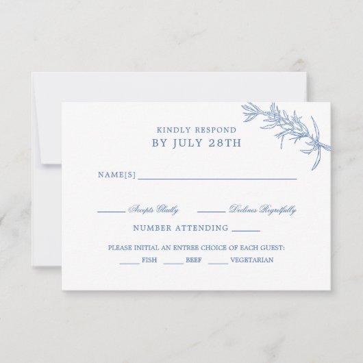 青エレガントフローラの食事の選択結婚の 出欠カード (正面)