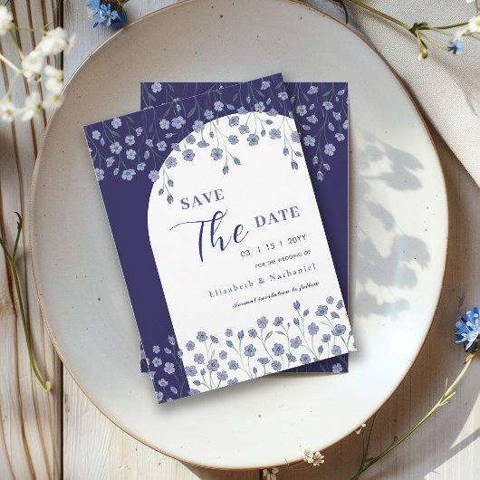 青エレガントフローラアーチ日付の結婚保存 招待状