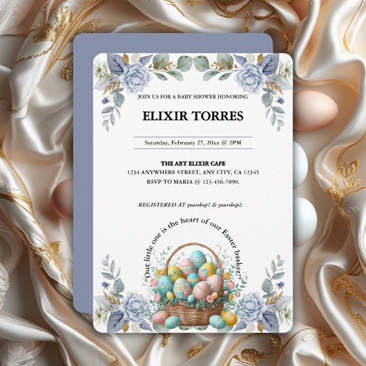 青エレガントフローライースター卵バスケットベビーシャワー 招待状