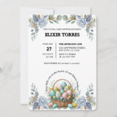 青エレガントフローライースター卵バスケットベビーシャワー 招待状 (正面)