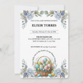 青エレガントフローライースター卵バスケットベビーシャワー 招待状 (正面)