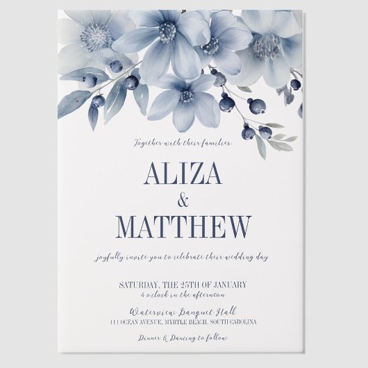 青エレガントフローラオーバーレイ結婚ズ ベラム紙招待状