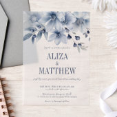 青エレガントフローラオーバーレイ結婚ズ ベラム紙招待状