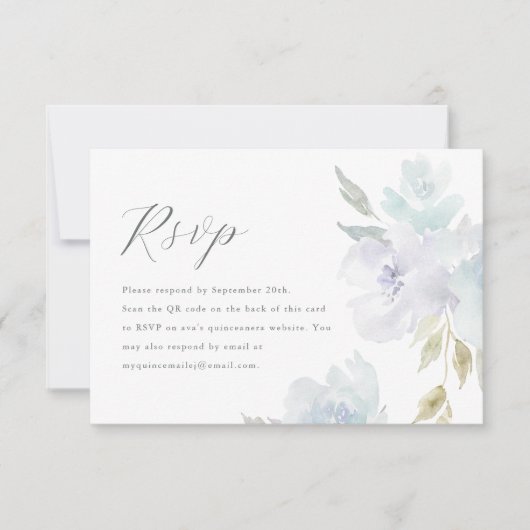 青エレガントフローラキンセアニェラQRコードRSVP 出欠カード (正面)