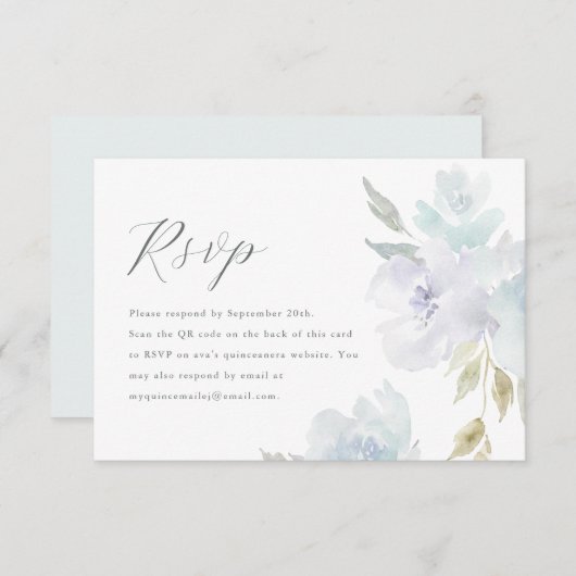 青エレガントフローラキンセアニェラQRコードRSVP 出欠カード (正面/裏面)