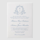 青エレガントフローラクレストモノグラム結婚ズ ベラム紙招待状 (正面)
