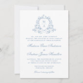 青エレガントフローラクレストモノグラム結婚ズ 招待状 (正面)