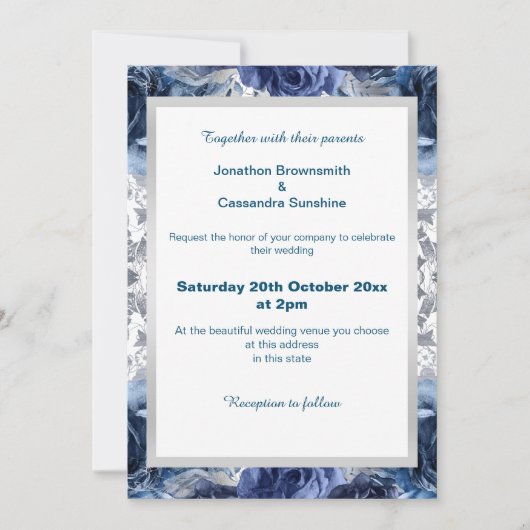 青エレガントフローラシルバートリ結婚ム 招待状 (正面)