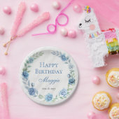 青エレガントフローラハッピーバースデー ペーパープレート (パーティー)