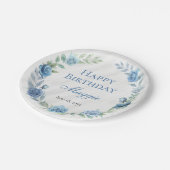 青エレガントフローラハッピーバースデー ペーパープレート (アングル)