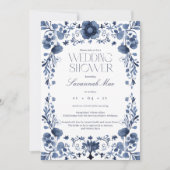 青エレガントフローラフレームブライダルシャワー 招待状 (正面)