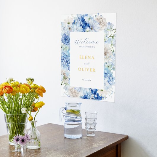 青エレガントフローラフレ結婚ームへようこそ 箔ポスター (レイダウン (キッチン))