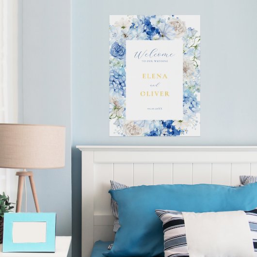 青エレガントフローラフレ結婚ームへようこそ 箔ポスター (インサイチュ (寝室))