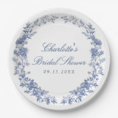 青エレガントフローラブライダルシャワー ペーパープレート (正面)