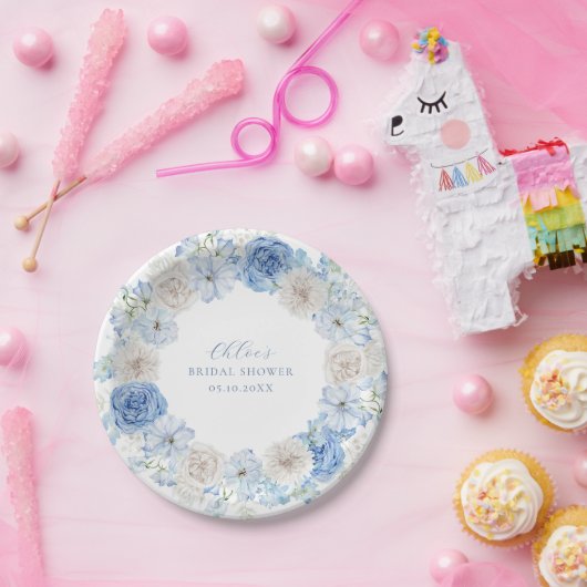 青エレガントフローラブライダルシャワー ペーパープレート (パーティー)