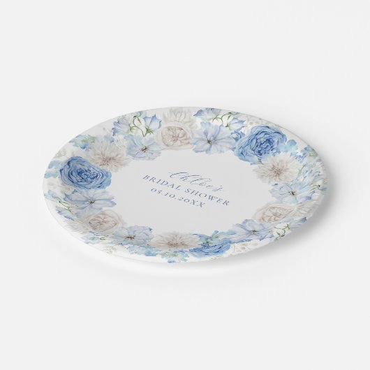青エレガントフローラブライダルシャワー ペーパープレート (アングル)