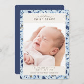 青エレガントフローラプリント写真誕生のお知らせ 招待状 (正面/裏面)