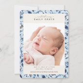 青エレガントフローラプリント写真誕生のお知らせ 招待状 (正面)