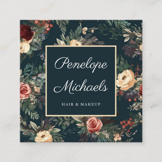 青エレガントフローラプリント スクエア名刺 (正面)