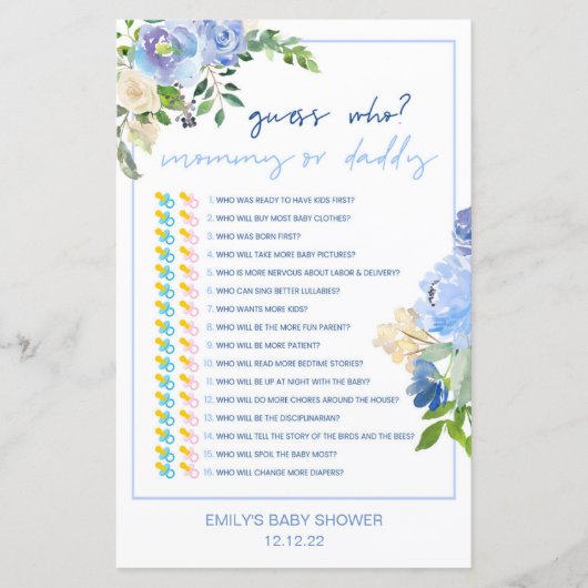 青エレガントフローラベビーシャワーゲーム印刷された少年 (正面)