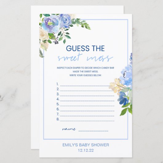 青エレガントフローラベビーシャワーゲーム印刷された少年 (正面/裏面)