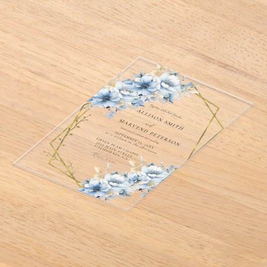 青エレガントフローラ幾何学模様の開花結婚 アクリル招待状 (レイダウン)