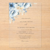 青エレガントフローラ幾何学模様の開花結婚 アクリル招待状 (正面)