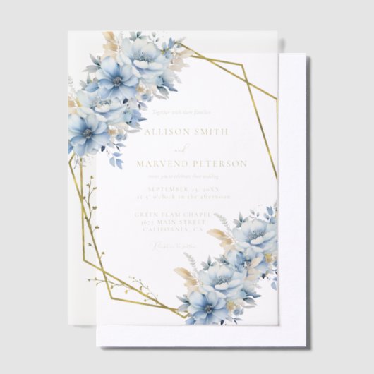 青エレガントフローラ幾何学模様の開花結婚 ベラム紙招待状 (オフセット)
