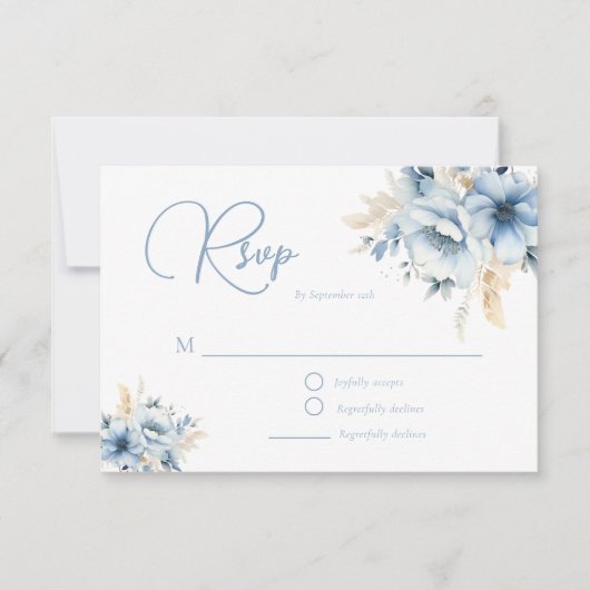 青エレガントフローラ幾何学模様の開花結婚 出欠カード (正面)