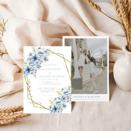 青エレガントフローラ幾何学模様の開花結婚 招待状