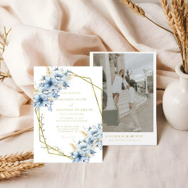 青エレガントフローラ幾何学模様の開花結婚 招待状