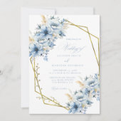 青エレガントフローラ幾何学模様の開花結婚 招待状 (正面)
