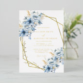 青エレガントフローラ幾何学模様の開花結婚 箔招待状 (立ち正面)