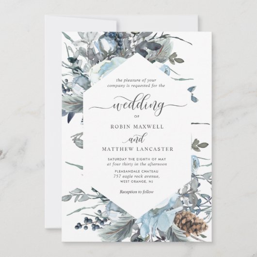 青エレガントフローラ幾何結婚の 招待状 (正面)