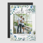 青エレガントフローラ春写真の保存日付 マグネット招待状 (正面/裏面)