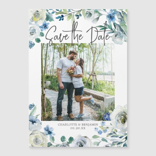 青エレガントフローラ春写真の保存日付 マグネット招待状 (正面)