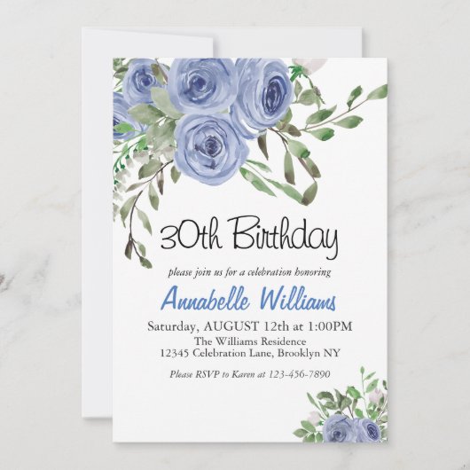 青エレガントフローラ水彩ストライプ誕生日 招待状 (正面)