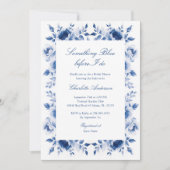 青エレガントフローラ水彩ブライダルシャワー 招待状 (正面)