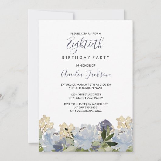 青エレガントフローラ水彩80誕生日 招待状 (正面)