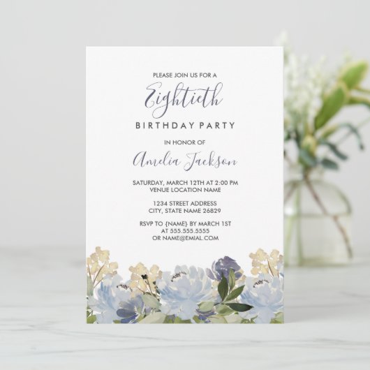 青エレガントフローラ水彩80誕生日 招待状 (スタンド正面)