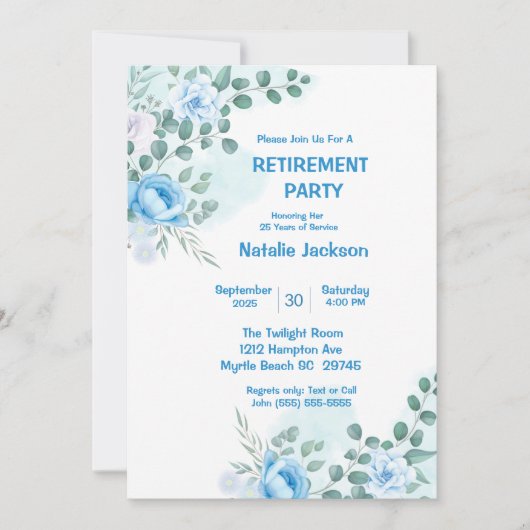 青エレガントフローラ水色退職パーティー 招待状 (正面)
