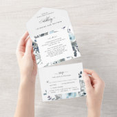 青エレガントフローラ結婚と穴あきRSVP オールインワン招待状 (貼ってはがせる)