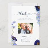 青エレガントフローラ結婚の写真サンキューカード サンキューカード (正面)