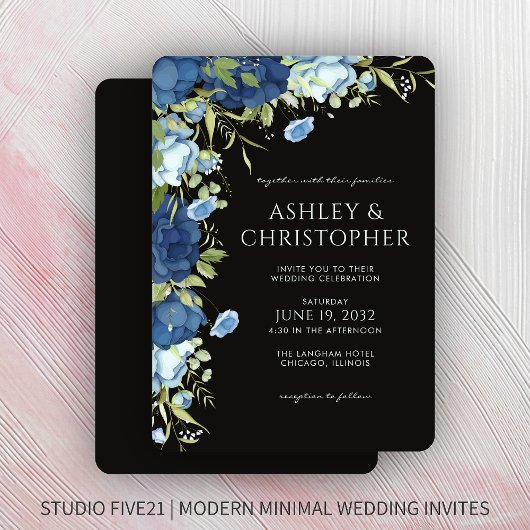 青エレガントフローラ結婚ズ 招待状