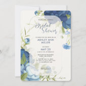 青エレガントフローラ結婚ブライダルシャワー 招待状 (正面)