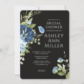 青エレガントフローラ結婚ブライダルシャワー 招待状 (正面)