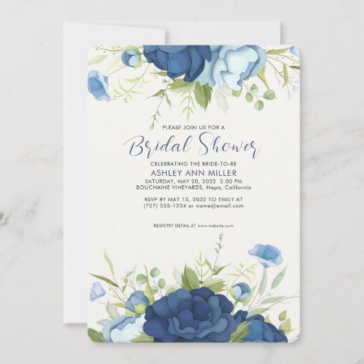 青エレガントフローラ結婚ブライダルシャワー 招待状 (正面)
