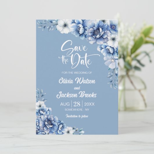 青エレガントフローラ結婚式の日付の保存 招待状 (スタンド正面)