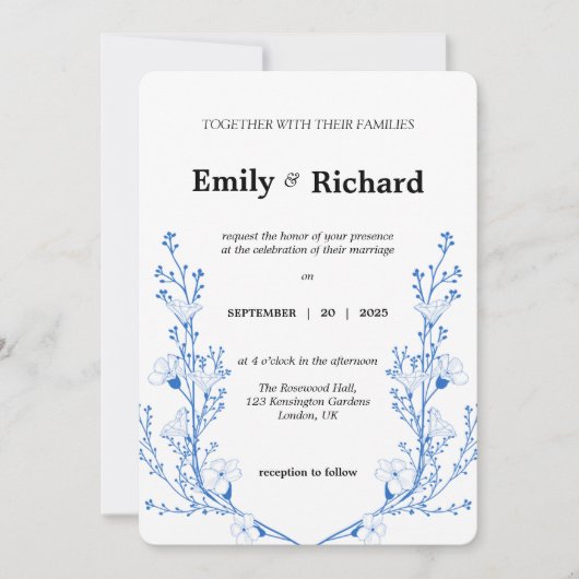 青エレガントフローラ結婚式招待状 | ボーモダンー 招待状 (正面)