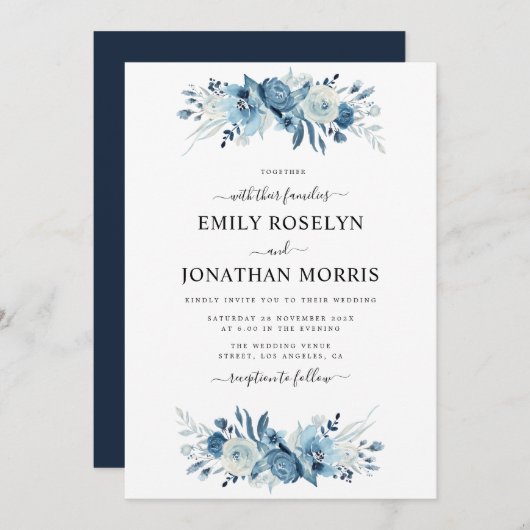 青エレガントフローラ結婚式招待状 招待状 (正面/裏面)